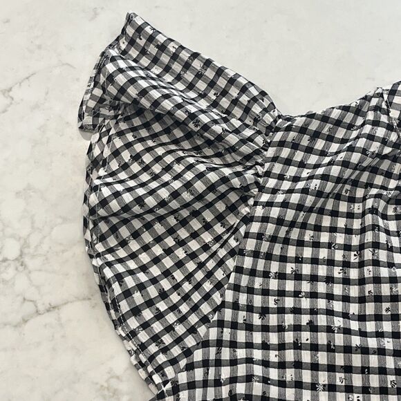 CeCe NEW Black White Gingham Flutter Short Sleeve V Neck Top Size Medium - Picture 6 of 14